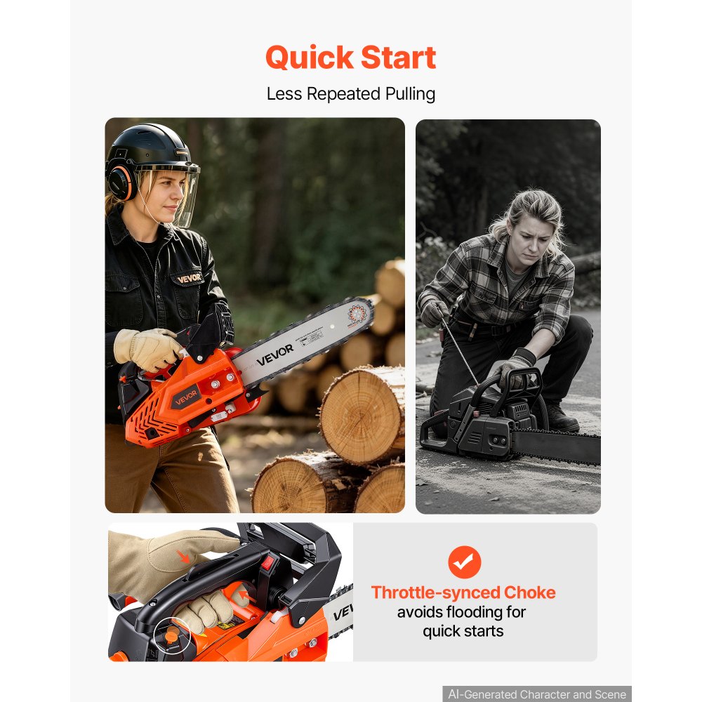 VEVOR Gas Powered Chainsaw 304.8 mm 25.4CC 0.75kW 2 Stroke Engine Chainsaw, for Wood Cutting, Tree Trimming & Land Clearing, Throttle-Synced Choke, Power Chain Saw with Non-Slip Handle & Dual Tanks