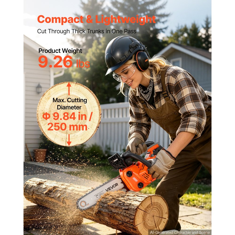 VEVOR Gas Powered Chainsaw 304.8 mm 25.4CC 0.75kW 2 Stroke Engine Chainsaw, for Wood Cutting, Tree Trimming & Land Clearing, Throttle-Synced Choke, Power Chain Saw with Non-Slip Handle & Dual Tanks