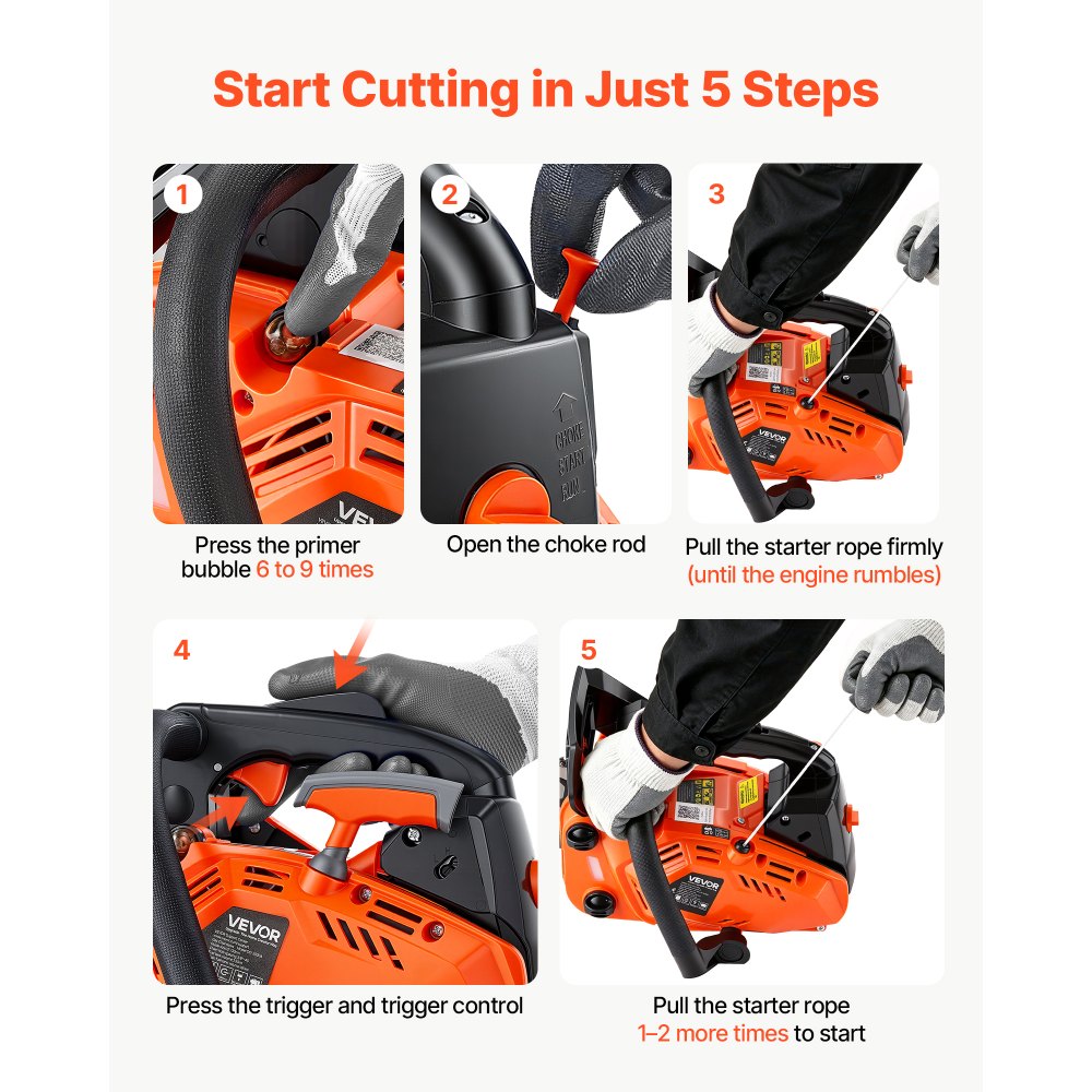 VEVOR Gas Powered Chainsaw 304.8 mm 25.4CC 0.75kW 2 Stroke Engine Chainsaw, for Wood Cutting, Tree Trimming & Land Clearing, Throttle-Synced Choke, Power Chain Saw with Non-Slip Handle & Dual Tanks