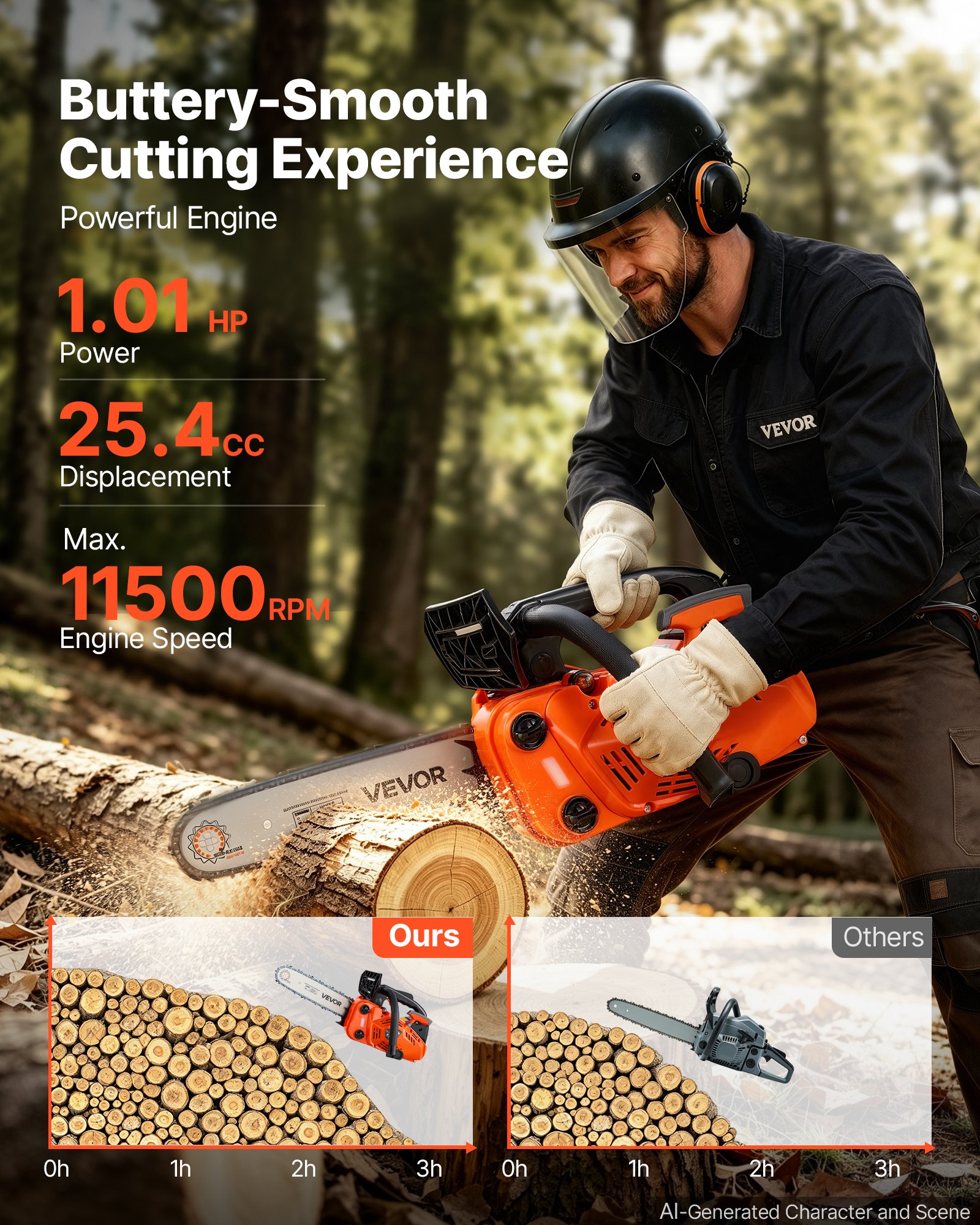VEVOR Gas Powered Chainsaw 304.8 mm 25.4CC 0.75kW 2 Stroke Engine Chainsaw, for Wood Cutting, Tree Trimming & Land Clearing, Throttle-Synced Choke, Power Chain Saw with Non-Slip Handle & Dual Tanks