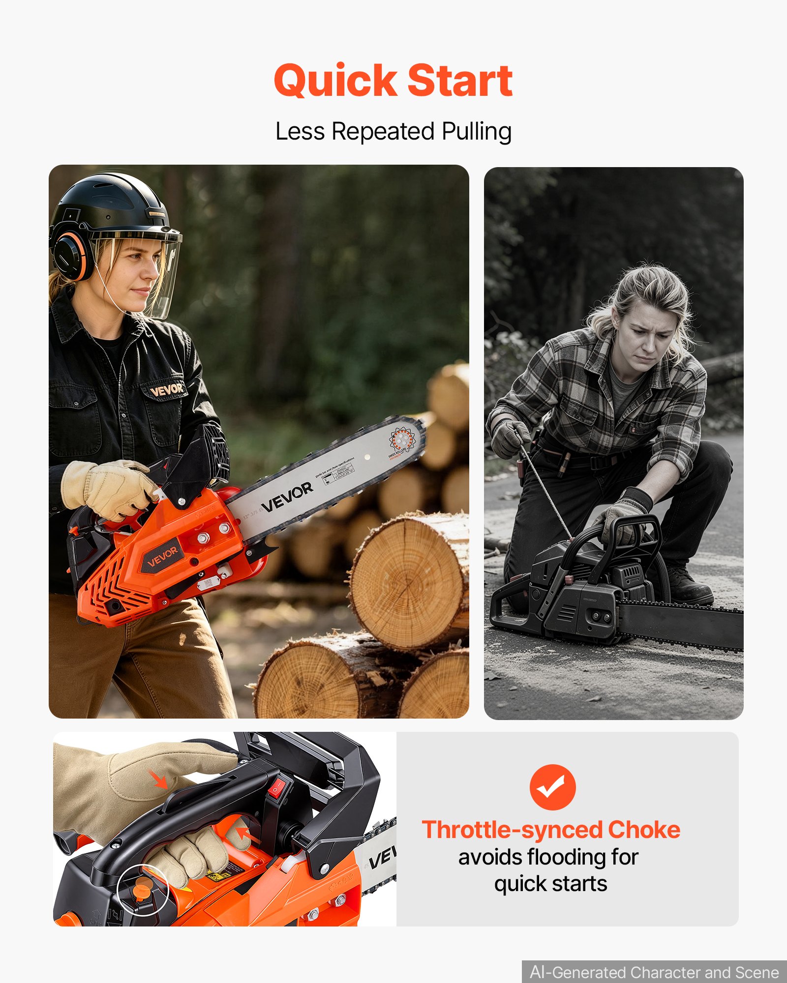 VEVOR Gas Powered Chainsaw 304.8 mm 25.4CC 0.75kW 2 Stroke Engine Chainsaw, for Wood Cutting, Tree Trimming & Land Clearing, Throttle-Synced Choke, Power Chain Saw with Non-Slip Handle & Dual Tanks