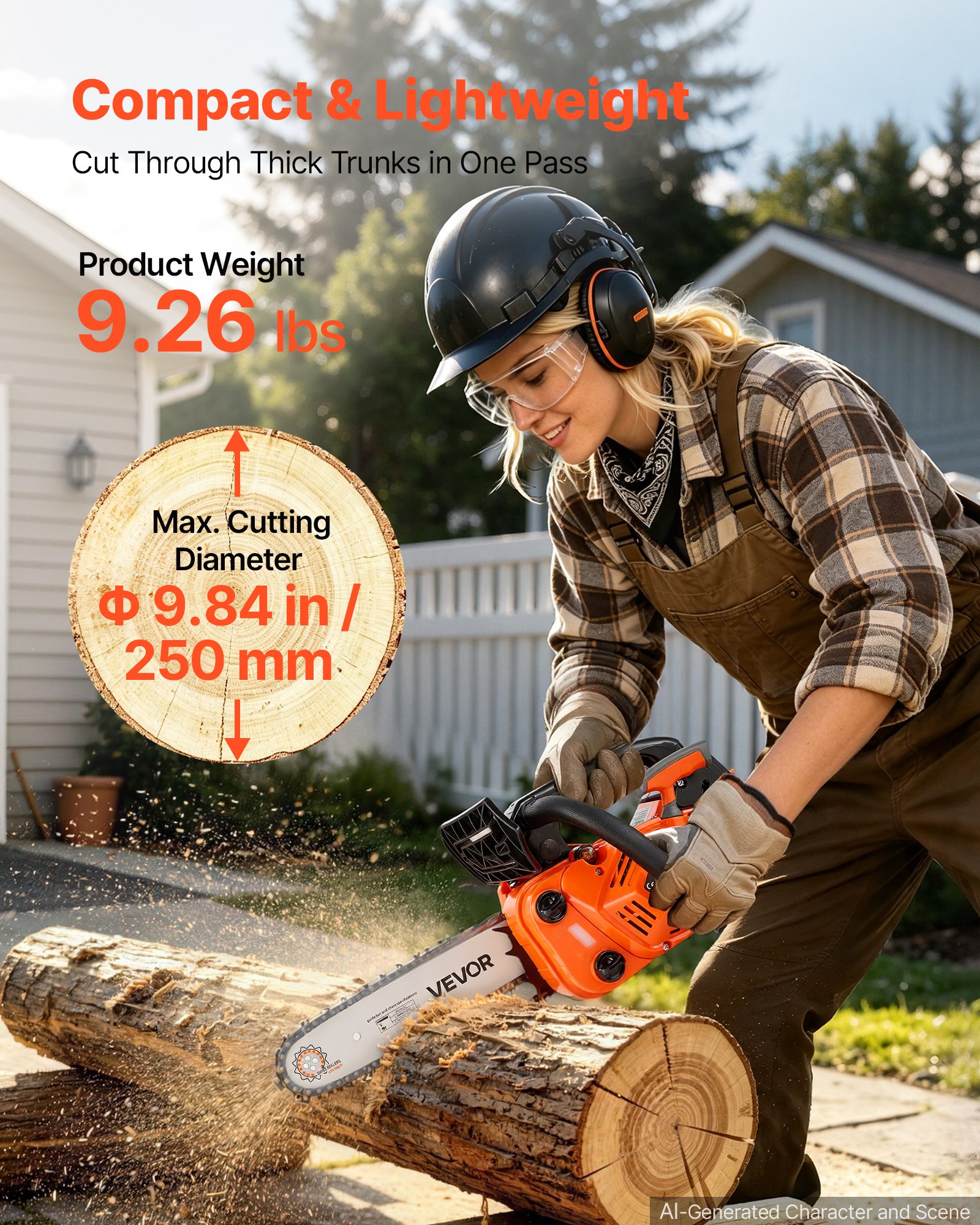 VEVOR Gas Powered Chainsaw 304.8 mm 25.4CC 0.75kW 2 Stroke Engine Chainsaw, for Wood Cutting, Tree Trimming & Land Clearing, Throttle-Synced Choke, Power Chain Saw with Non-Slip Handle & Dual Tanks