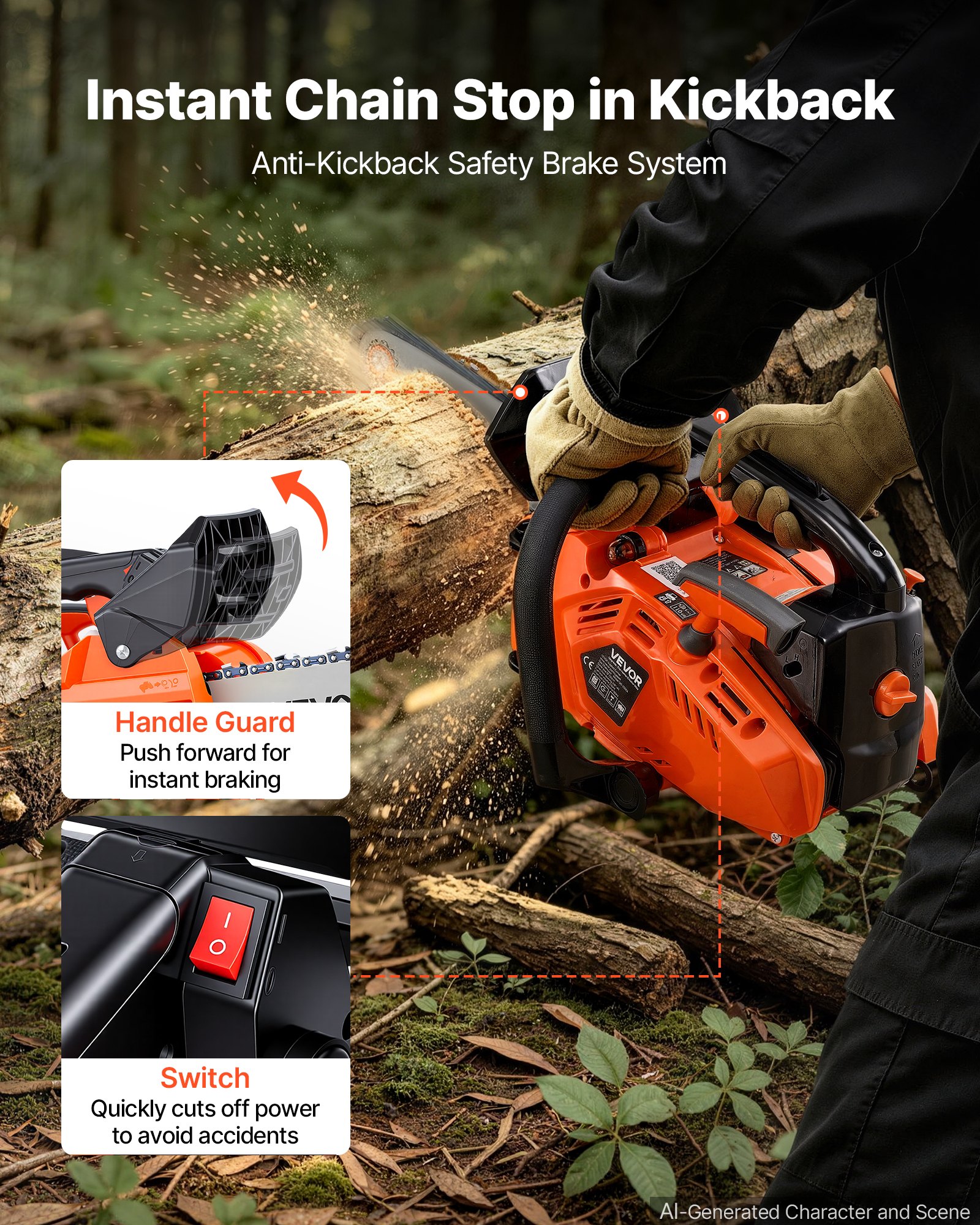 VEVOR Gas Powered Chainsaw 304.8 mm 25.4CC 0.75kW 2 Stroke Engine Chainsaw, for Wood Cutting, Tree Trimming & Land Clearing, Throttle-Synced Choke, Power Chain Saw with Non-Slip Handle & Dual Tanks
