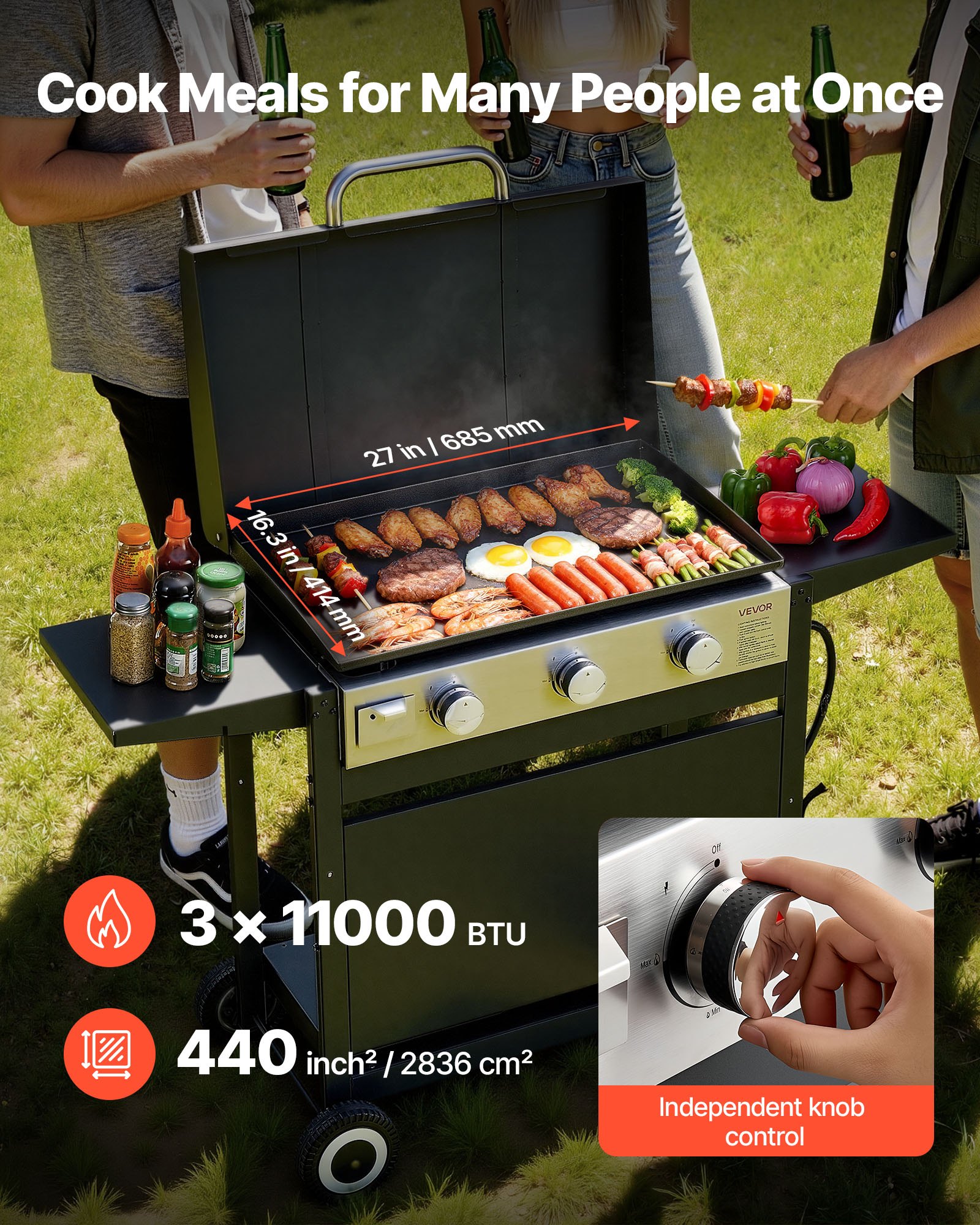 VEVOR Gas Griddle, 3-Burner Flat Top Grill, Propane Griddle with Wheels, Lid, 3 x 11000 BTU Outdoor Flat Top Grills for Pan-Frying, Grilling, Stir-Frying, & BBQ, Pulse Ignition, Removable Top Design