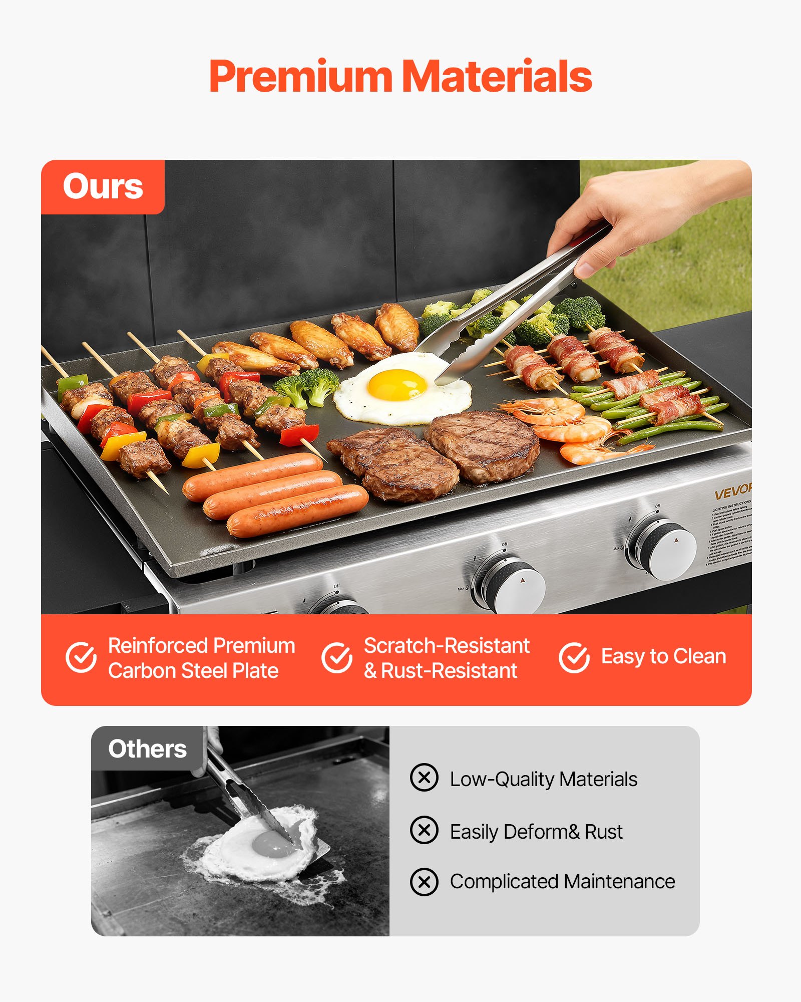 VEVOR Gas Griddle, 3-Burner Flat Top Grill, Propane Griddle with Wheels, Lid, 3 x 11000 BTU Outdoor Flat Top Grills for Pan-Frying, Grilling, Stir-Frying, & BBQ, Pulse Ignition, Removable Top Design