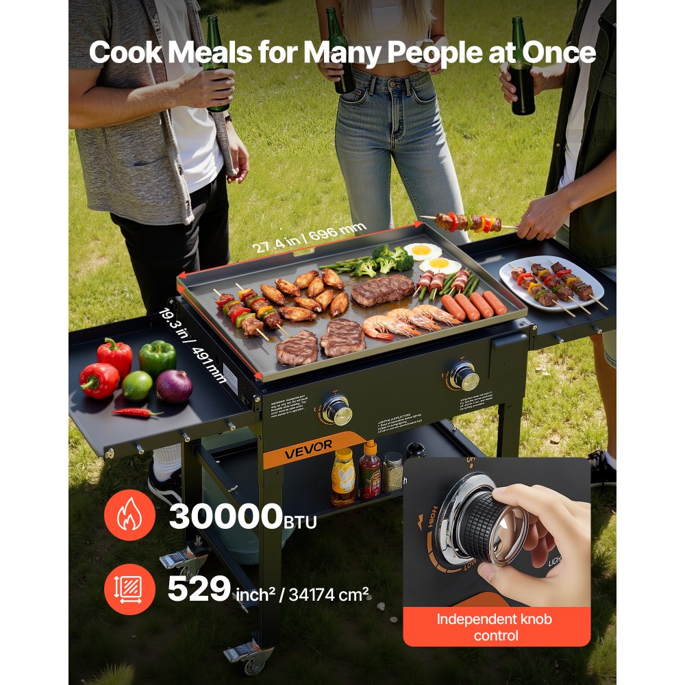 VEVOR Gas Griddle, 2-Burner Flat Top Grill, 28 inch Grill Plate Foldable Propane Griddle with Wheels, 30000 BTU Outdoor Flat Top Grills for Pan-Frying, Grilling, Stir-Frying, & BBQ, Pulse Ignition