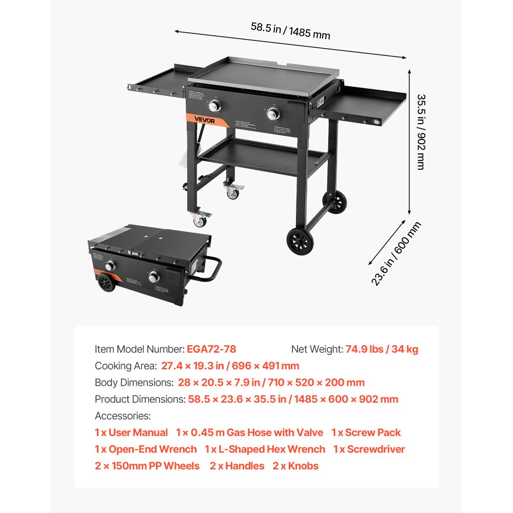 VEVOR Gas Griddle, 2-Burner Flat Top Grill, 28 inch Grill Plate Foldable Propane Griddle with Wheels, 30000 BTU Outdoor Flat Top Grills for Pan-Frying, Grilling, Stir-Frying, & BBQ, Pulse Ignition
