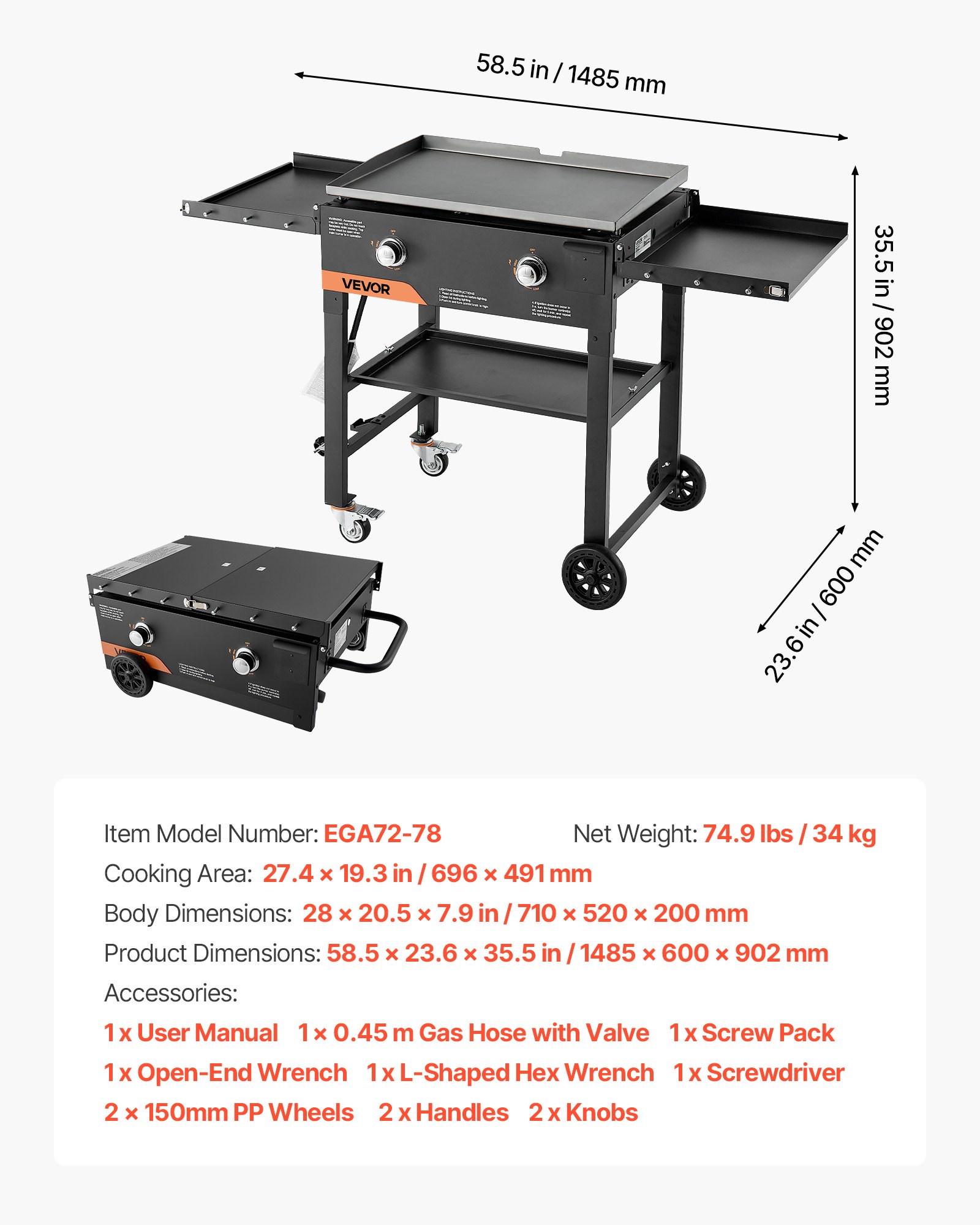 VEVOR Gas Griddle, 2-Burner Flat Top Grill, 28 inch Grill Plate Foldable Propane Griddle with Wheels, 30000 BTU Outdoor Flat Top Grills for Pan-Frying, Grilling, Stir-Frying, & BBQ, Pulse Ignition