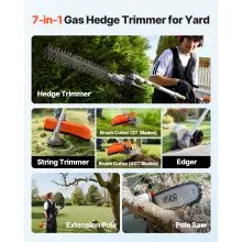 VEVOR Gas Hedge Trimmer, 2 Cycle Gas Power Handheld Trimmer, 6-in-1 26cc Weed Eater with Extension Pole & Protective Gear Set, Includes Hedge & String Trimmer, Brush Cutter(3T & 40T), Edger, Pole Saw