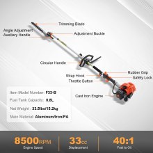 VEVOR 33CC 6-in-1 Multi-Functional Trimming Tools, Gas Hedge Trimmer, Weed Eater, String Trimmer, Brush Cutter, Edger, Pole Saw Chainsaw Pruner with Extension Pole