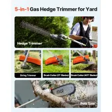VEVOR Gas Hedge Trimmer, 2 Cycle Gas Power Handheld Hedge Trimmer, 5-in-1 63cc Cordless Weed Eater with Protective Gear Set, Includes Hedge and String Trimmer, Brush Cutter(3T & 40T Blades), Pole Saw