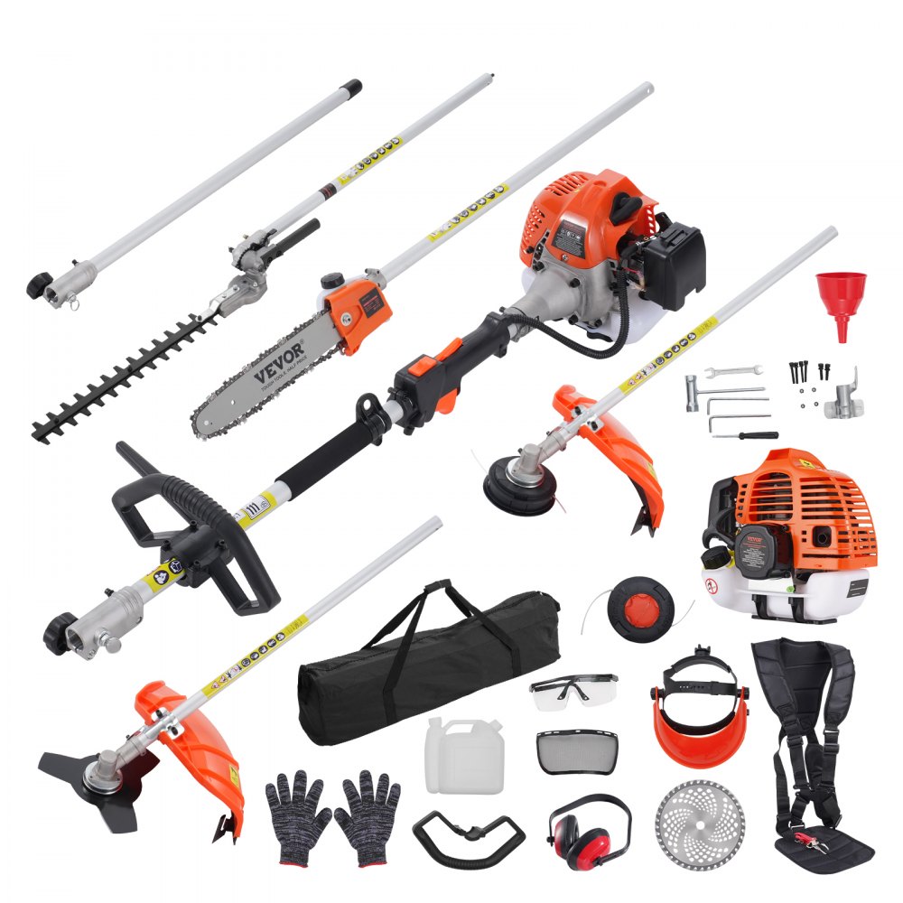 VEVOR 52cc multi-functional trimming tools set with attachments, safety gear, and carry bag.