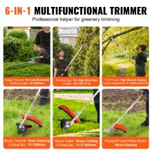 VEVOR 43CC 6-in-1 Multi-Functional Trimming Tools, Gas Hedge Trimmer, Weed Eater, String Trimmer, Brush Cutter, Edger, Pole Saw Chainsaw Pruner with Extension Pole