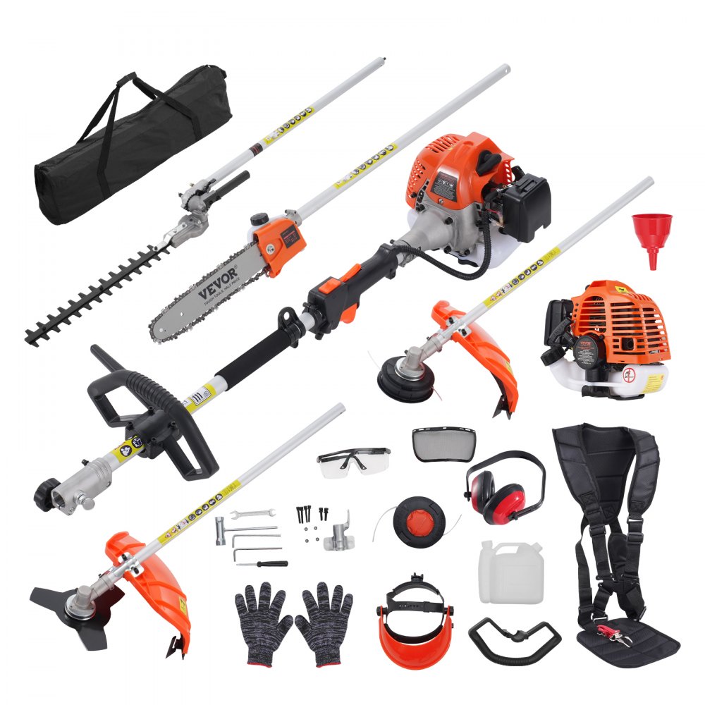 VEVOR 6-in-1 multi-functional trimming tools with accessories including trimmers, gloves, and safety gear.