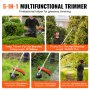 5-in-1 multifunctional trimmer for low and high branches, grass cutting, root clearing, and tree pruning.