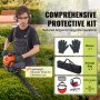 person using VEVOR gas hedge trimmer with gloves, storage bag, safety goggles, and ear protectors.