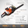 VEVOR gas hedge trimmer showing key parts like stop switch, gearbox, auxiliary handle, and blade.