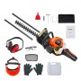 VEVOR gas hedge trimmer with safety gear, gloves, face shield, ear protection, tools, and manual.