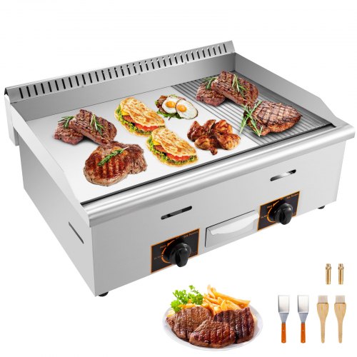 VEVOR 30" Stainless Steel Commercial Griddle Grill Half Grooved Non-Stick Gas Countertop Griddle Grill Supports LPG & LNG