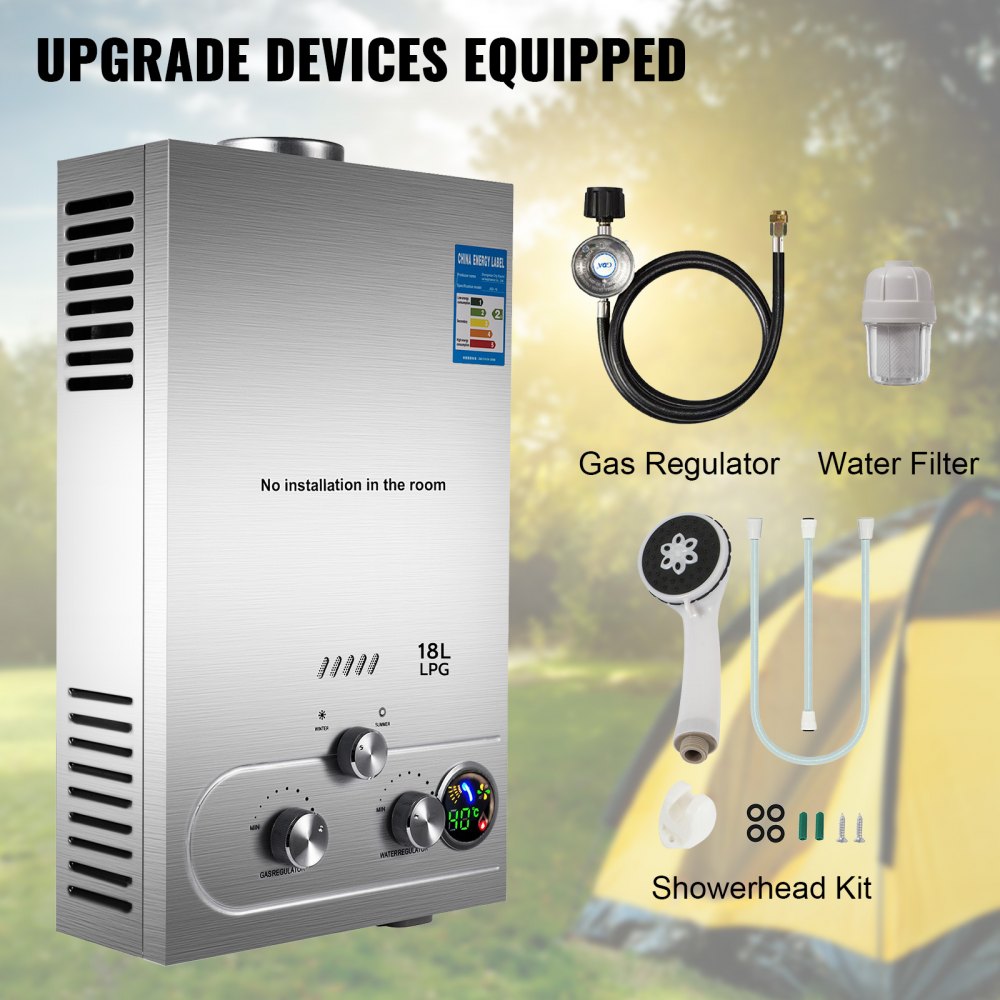 VEVOR 18l Tankless Hot Water Heater Propane Gas 4.8gpm Stainless Steel  Water Filter Gas Regulator | VEVOR EU