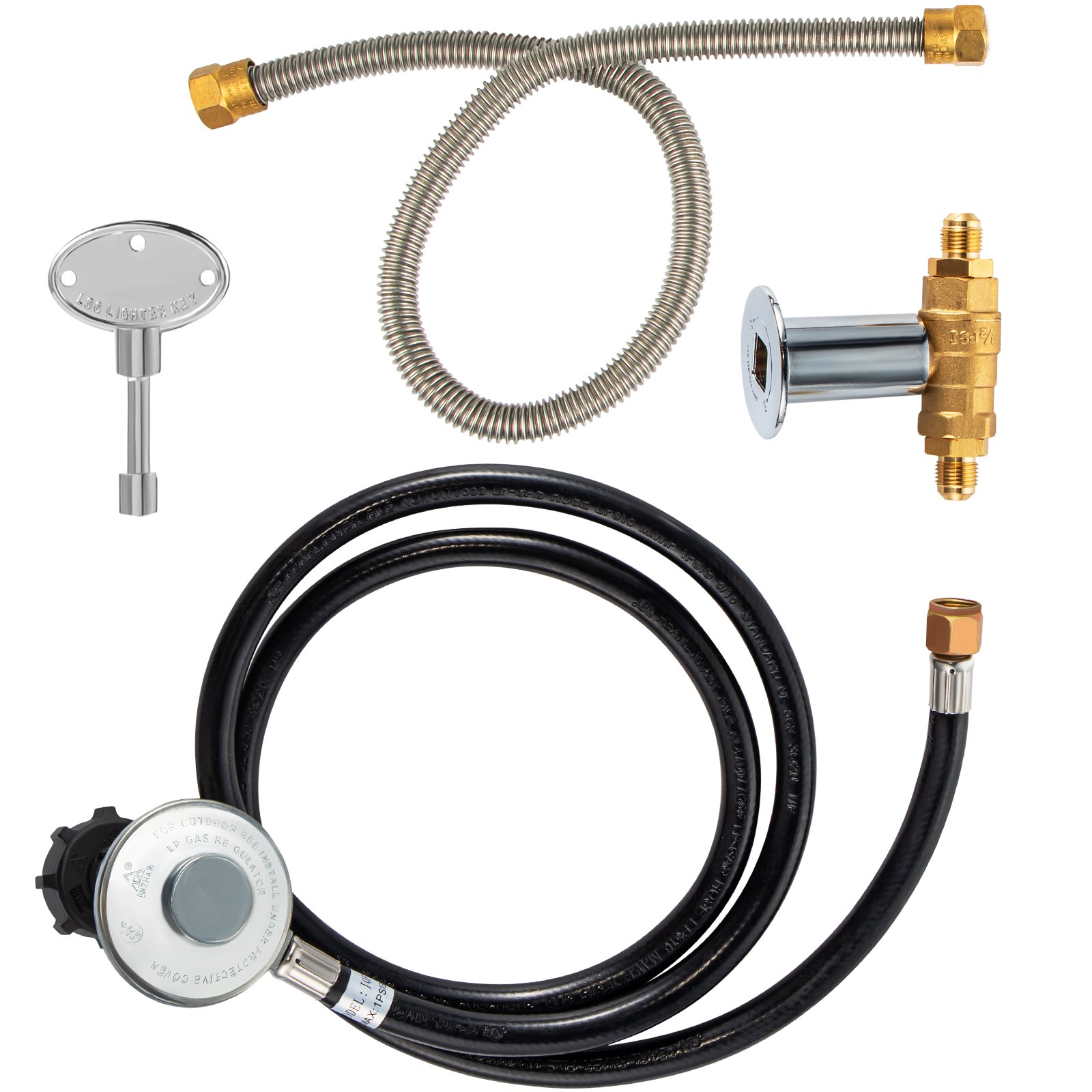 VEVOR Fire Pit Installation Kit, 90K BTU Max Propane Fire Pit Hose Kit, CSA Certified Propane Connection Kit, Gas Mixer Regulator with Stainless Steel Hose & Chrome Key Valve for Propane Connection