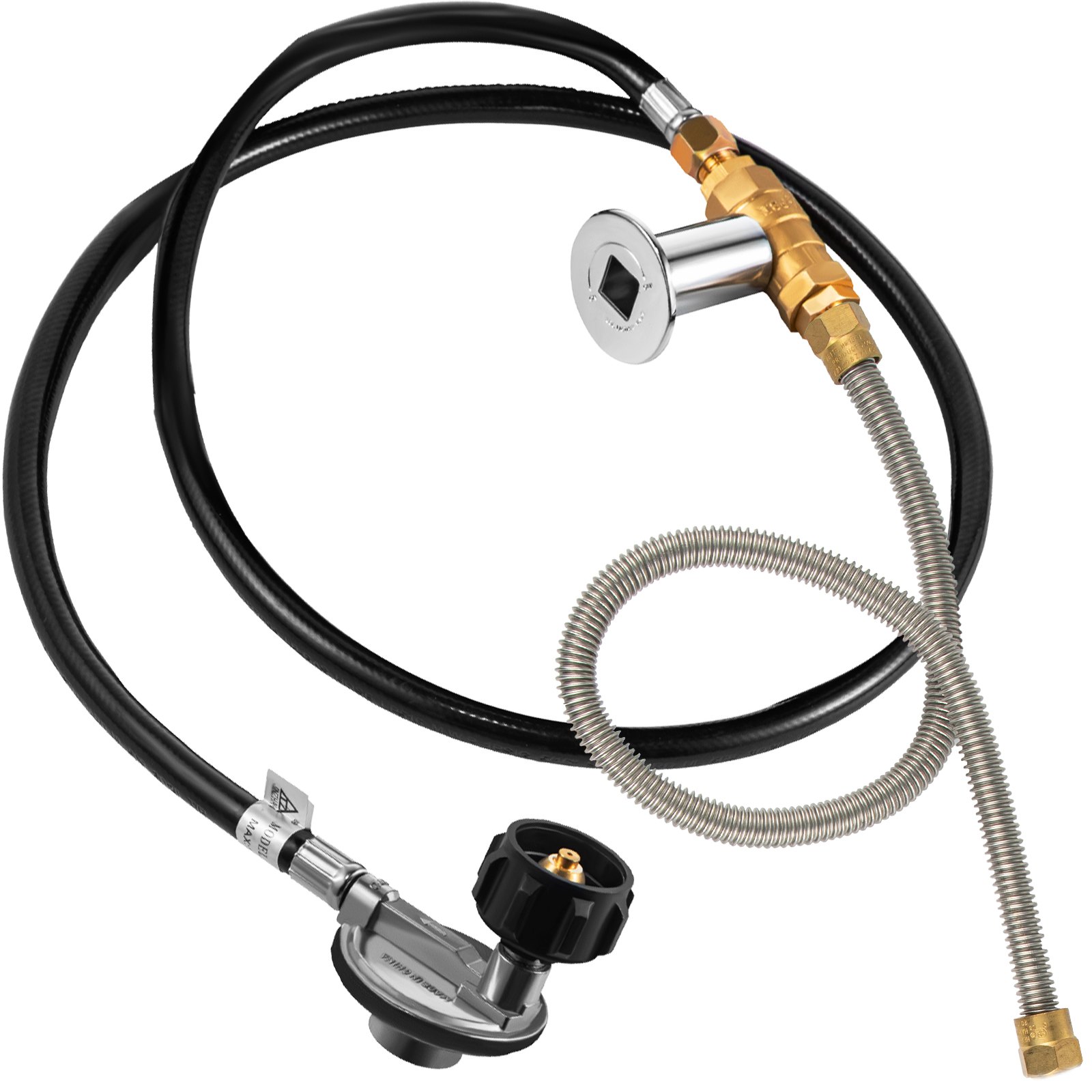VEVOR Fire Pit Installation Kit, 90K BTU Max Propane Fire Pit Hose Kit, CSA Certified Propane Connection Kit, Gas Mixer Regulator with Stainless Steel Hose & Chrome Key Valve for Propane Connection