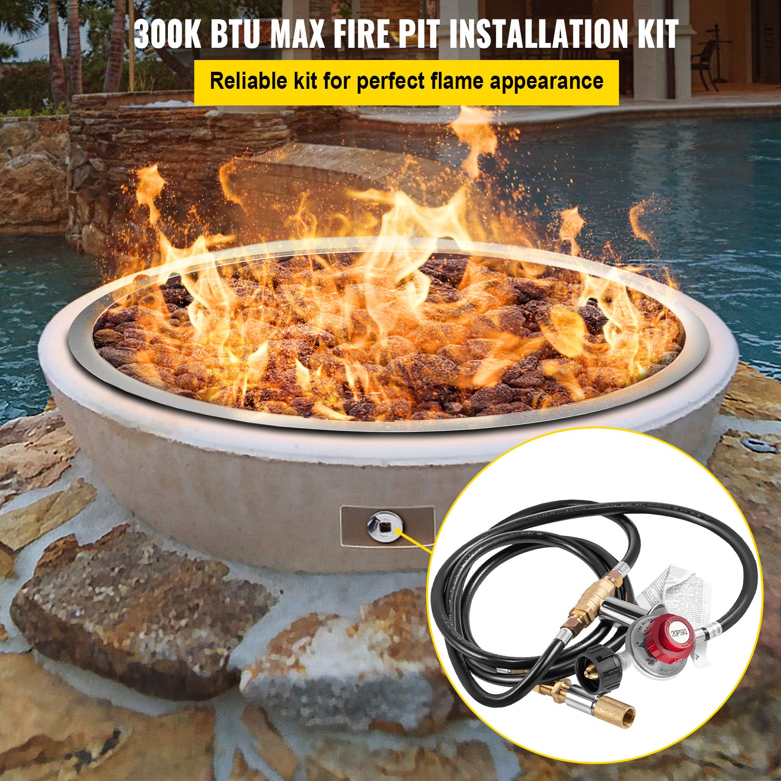 VEVOR Fire Pit Installation Kit, 300K BTU Max Propane Fire Pit Hose Kit, CSA Certified Propane Connection Kit, with 1/2" Chrome Key Valve and 0-20PSI Gas Pressure Regulator for Propane Connection