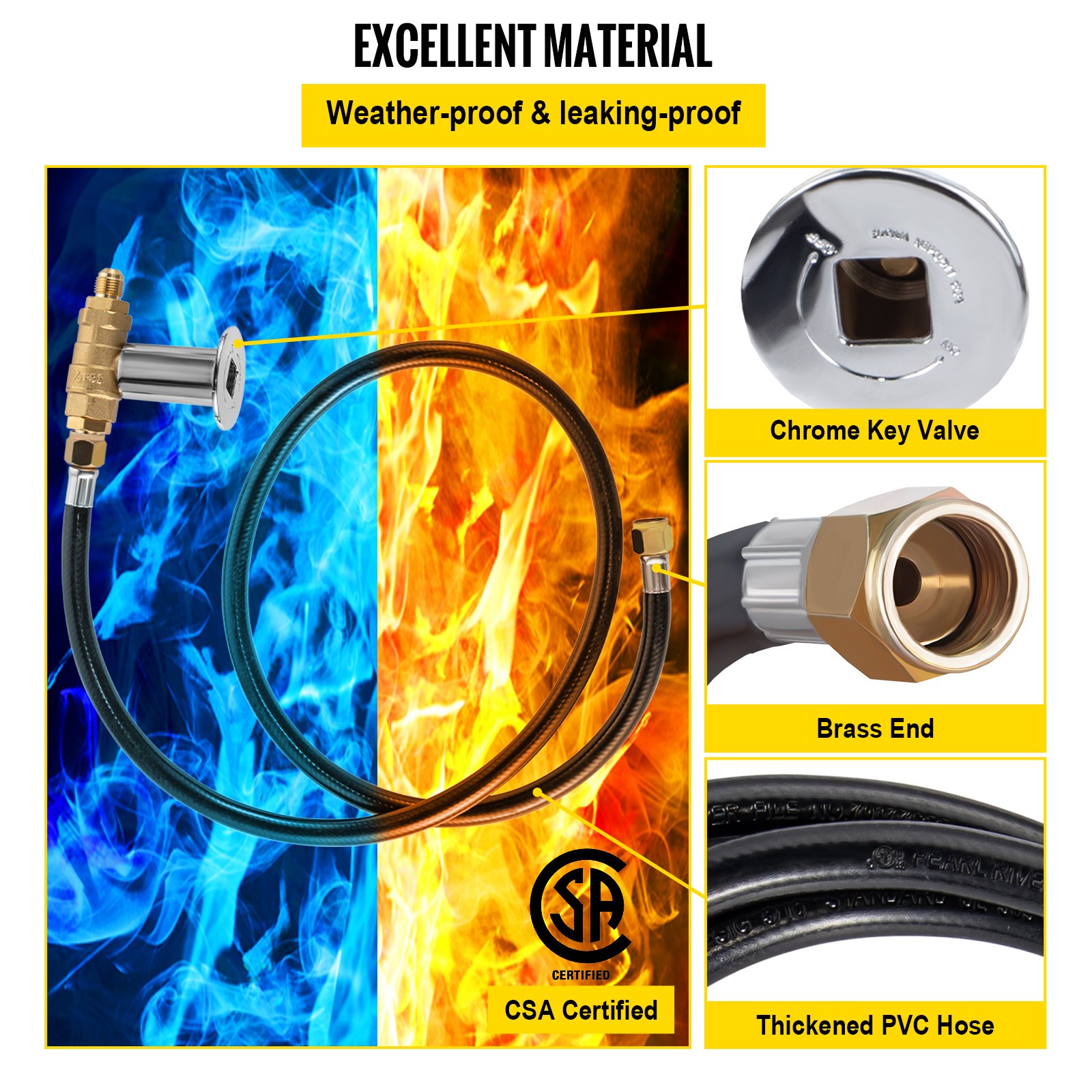 VEVOR Fire Pit Installation Kit, 300K BTU Max Propane Fire Pit Hose Kit, CSA Certified Propane Connection Kit, with 1/2" Chrome Key Valve and 0-20PSI Gas Pressure Regulator for Propane Connection