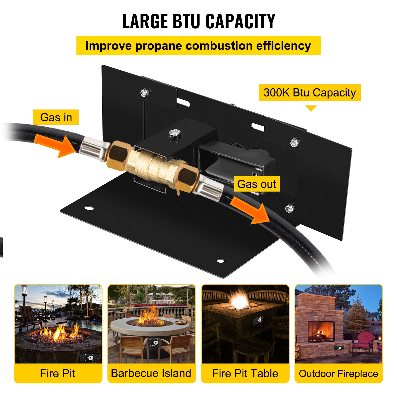 VEVOR Fire Pit Gas Burner Spark Ignition Kit, 300K BTU Fire Pit Ignition System, Stainless Steel Fire Pit Igniter, with 1/2'' Key Valve with Key and Leads & Ground Wire Black Retractable
