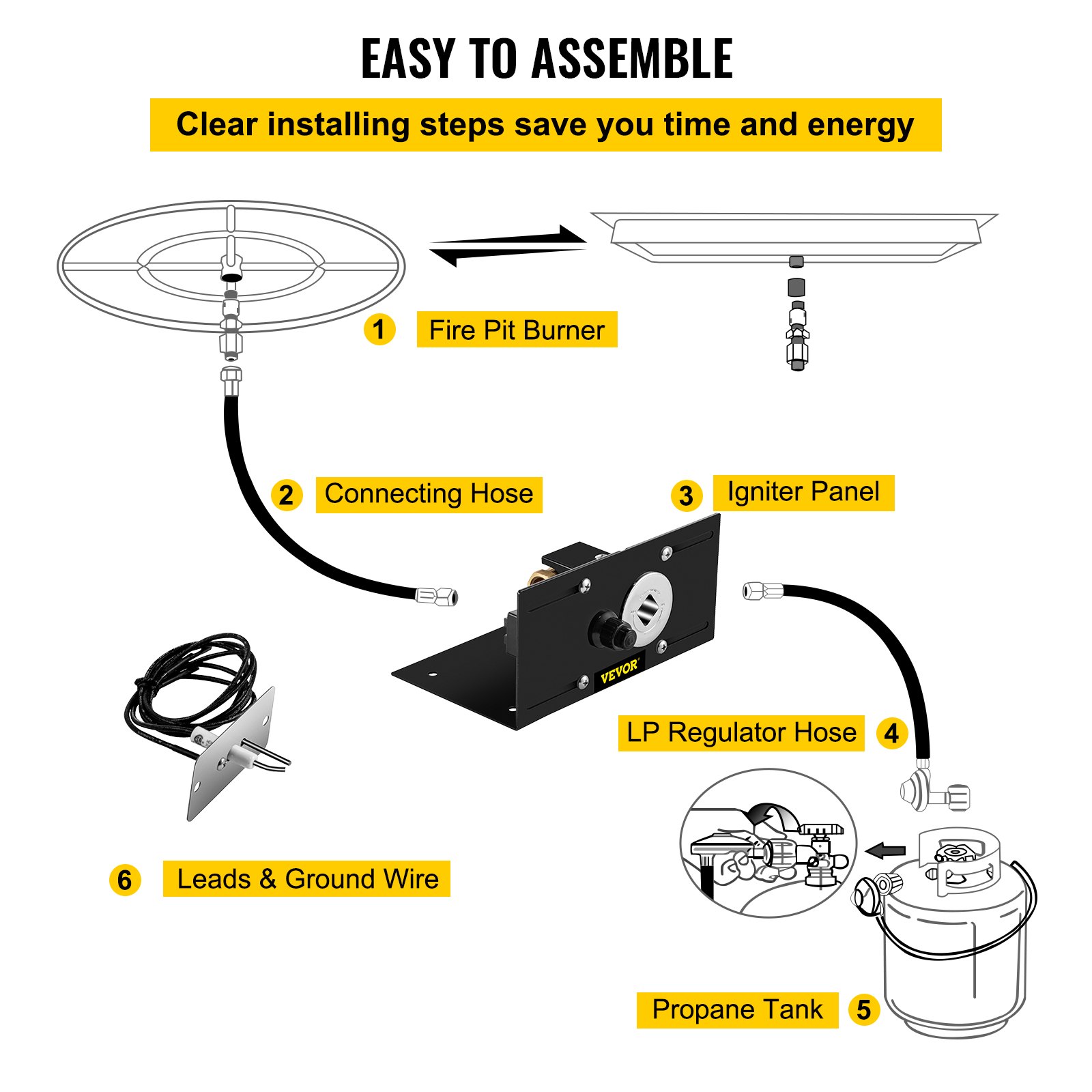 VEVOR Fire Pit Gas Burner Spark Ignition Kit, 300K BTU Fire Pit Ignition System, Stainless Steel Fire Pit Igniter, with 1/2'' Key Valve with Key and Leads & Ground Wire Black Retractable