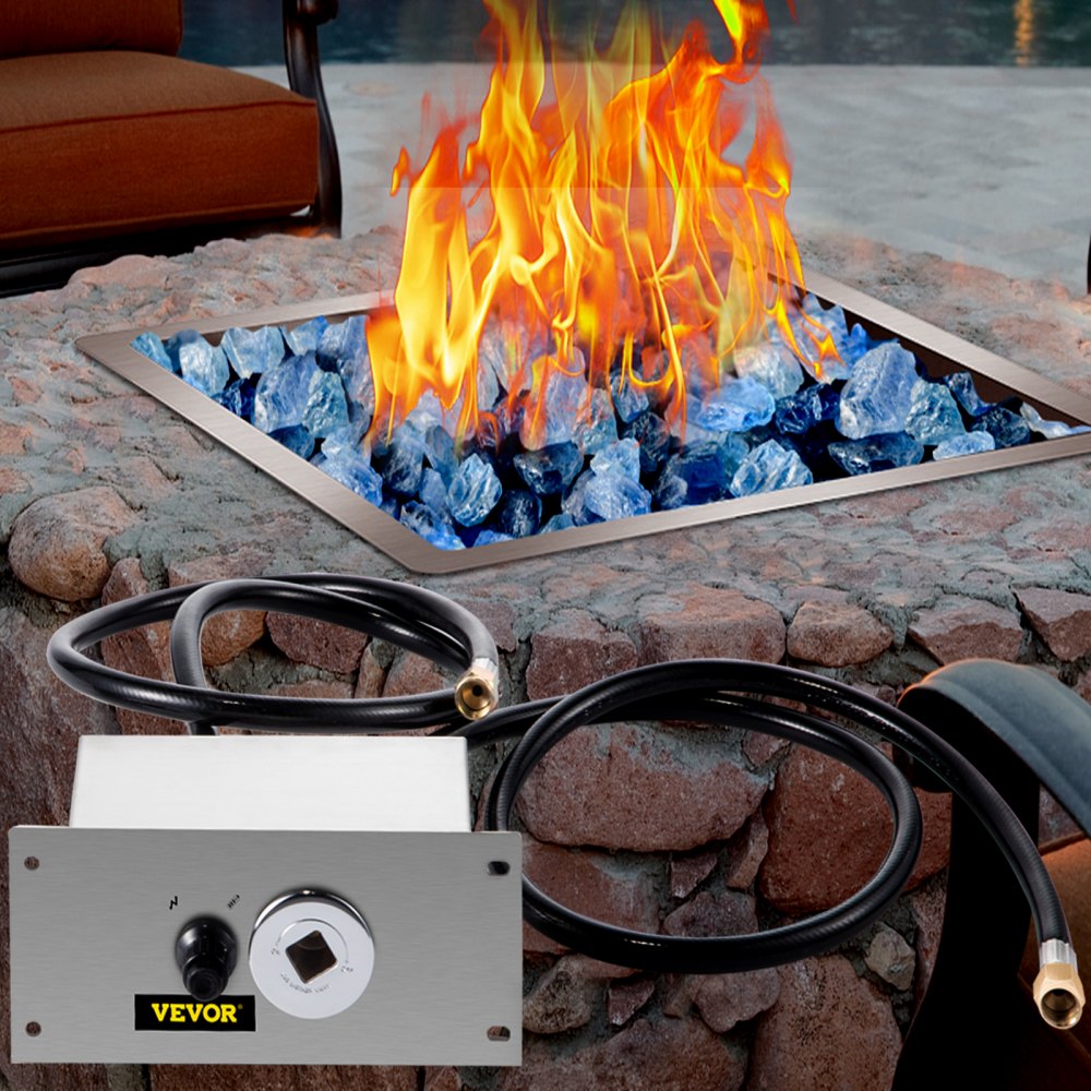 VEVOR Fire Pit Gas Burner Spark Ignition Kit, 300K BTU Fire Pit Ignition System, Stainless Steel Fire Pit Igniter, All-in-One Fire Pit Kit with Key Valve, Electric Igniter and 2 PVC Connecting Hoses