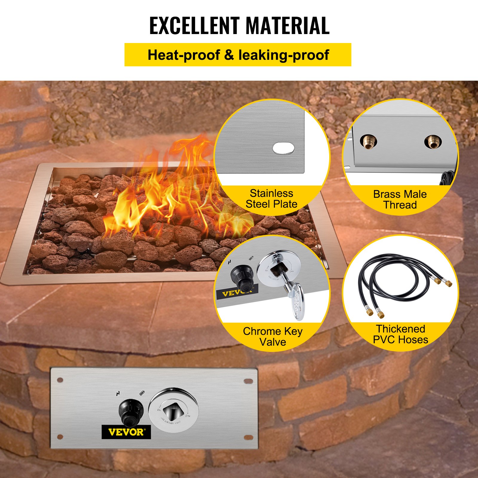 VEVOR Fire Pit Gas Burner Spark Ignition Kit, 300K BTU Fire Pit Ignition System, Stainless Steel Fire Pit Igniter, All-in-One Fire Pit Kit with Key Valve, Electric Igniter and 2 PVC Connecting Hoses