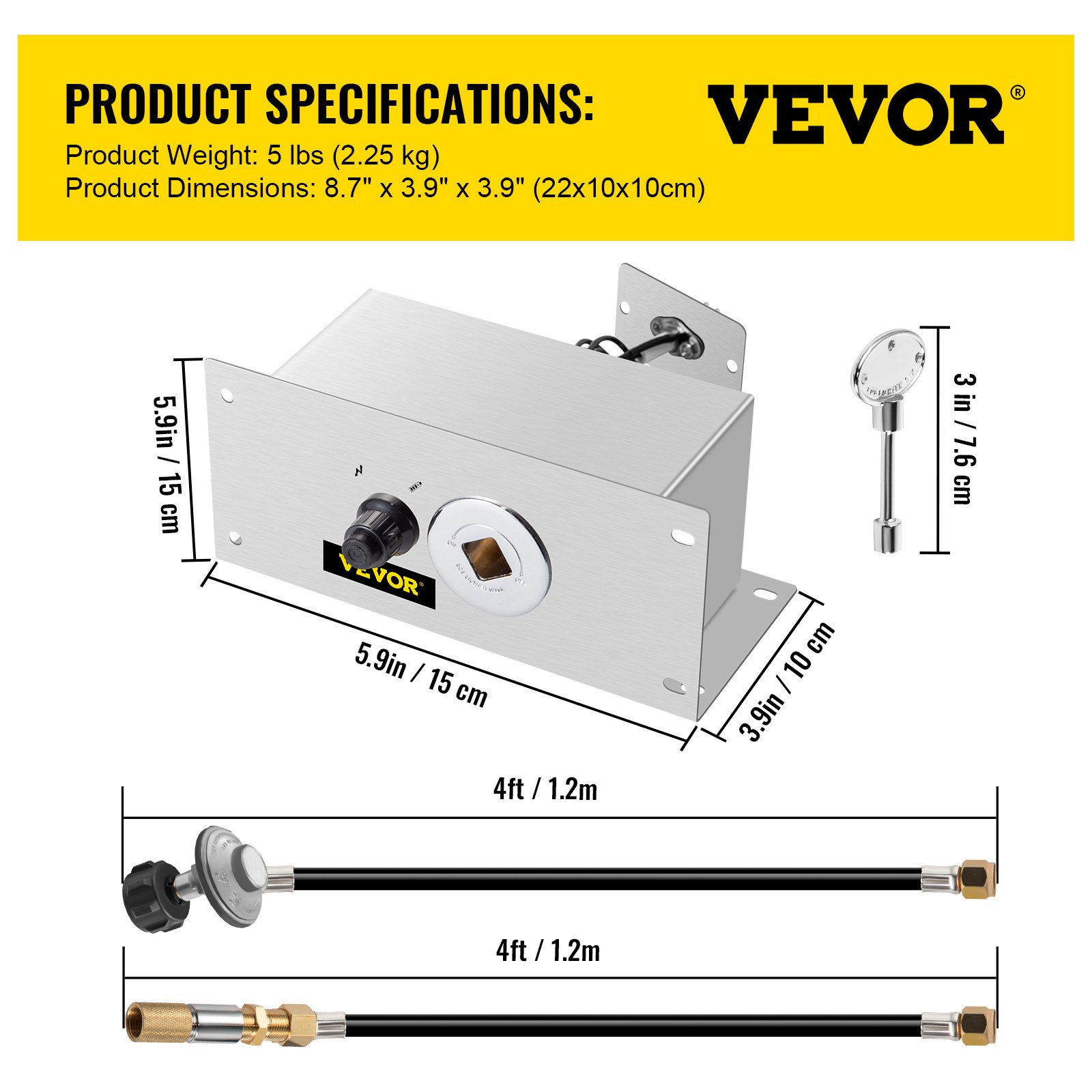 VEVOR Fire Pit Gas Burner Spark Ignition Kit, 300K BTU Fire Pit Ignition System, Stainless Steel Fire Pit Igniter, All-in-One Fire Pit Kit with Key Valve, Electric Igniter and 2 PVC Connecting Hoses