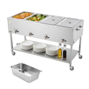 VEVOR 4-Pan Commercial Propane Steam Table, LP Gas Outdoor Soup Warmer with Drain Valve and 3″ Wheels, Stainless Steel Propane Food Warmer with Independent Temp Control, for Restaurant Outdoor Camping | VEVOR US
