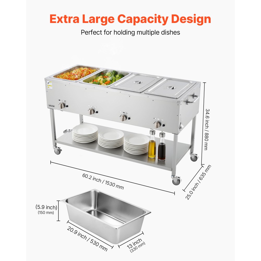 VEVOR 4-Pan Commercial Propane Steam Table, LP Gas Outdoor Soup Warmer with Drain Valve and 3" Wheels, Stainless Steel Propane Food Warmer with Independent Temp Control, for Restaurant Outdoor Camping