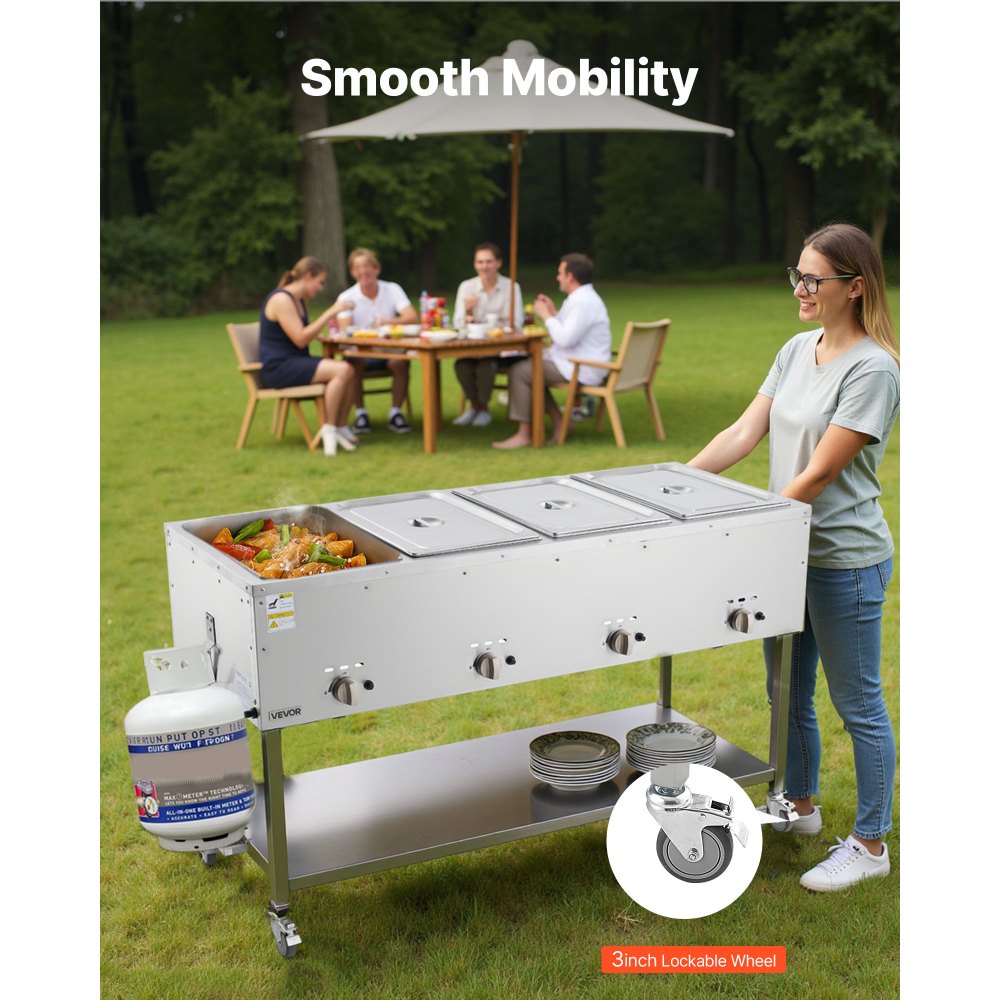 VEVOR 4-Pan Commercial Propane Steam Table, LP Gas Outdoor Soup Warmer with Drain Valve and 3" Wheels, Stainless Steel Propane Food Warmer with Independent Temp Control, for Restaurant Outdoor Camping