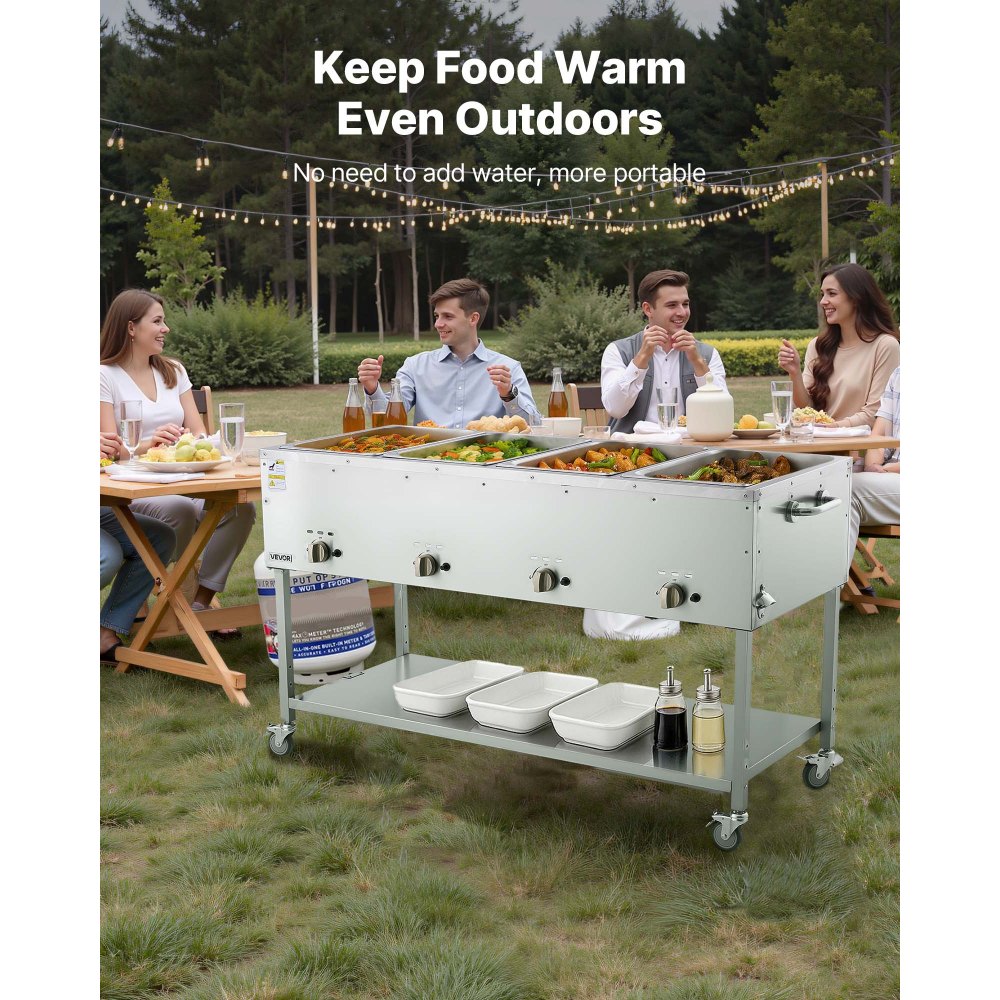 VEVOR 4-Pan Commercial Propane Steam Table, LP Gas Outdoor Soup Warmer with Drain Valve and 3" Wheels, Stainless Steel Propane Food Warmer with Independent Temp Control, for Restaurant Outdoor Camping