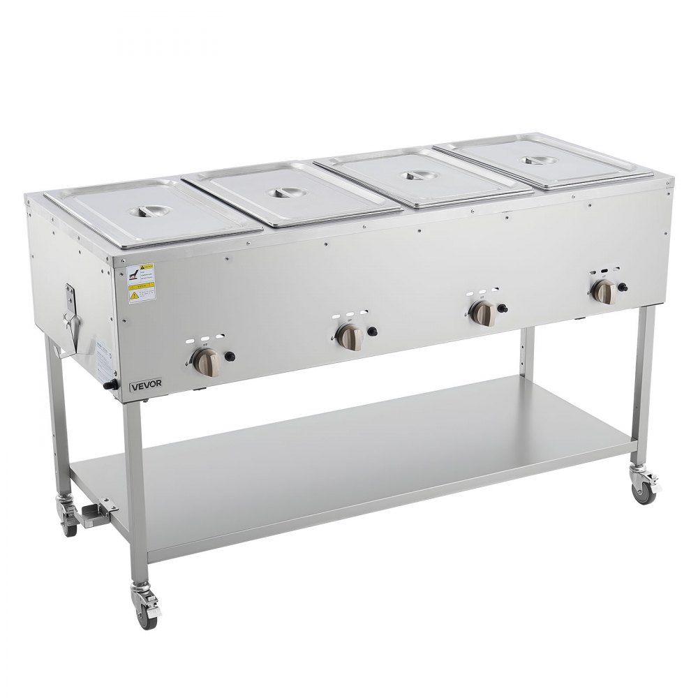 VEVOR 4-Pan Commercial Propane Steam Table, LP Gas Outdoor Soup Warmer with Drain Valve and 3" Wheels, Stainless Steel Propane Food Warmer with Independent Temp Control, for Restaurant Outdoor Camping