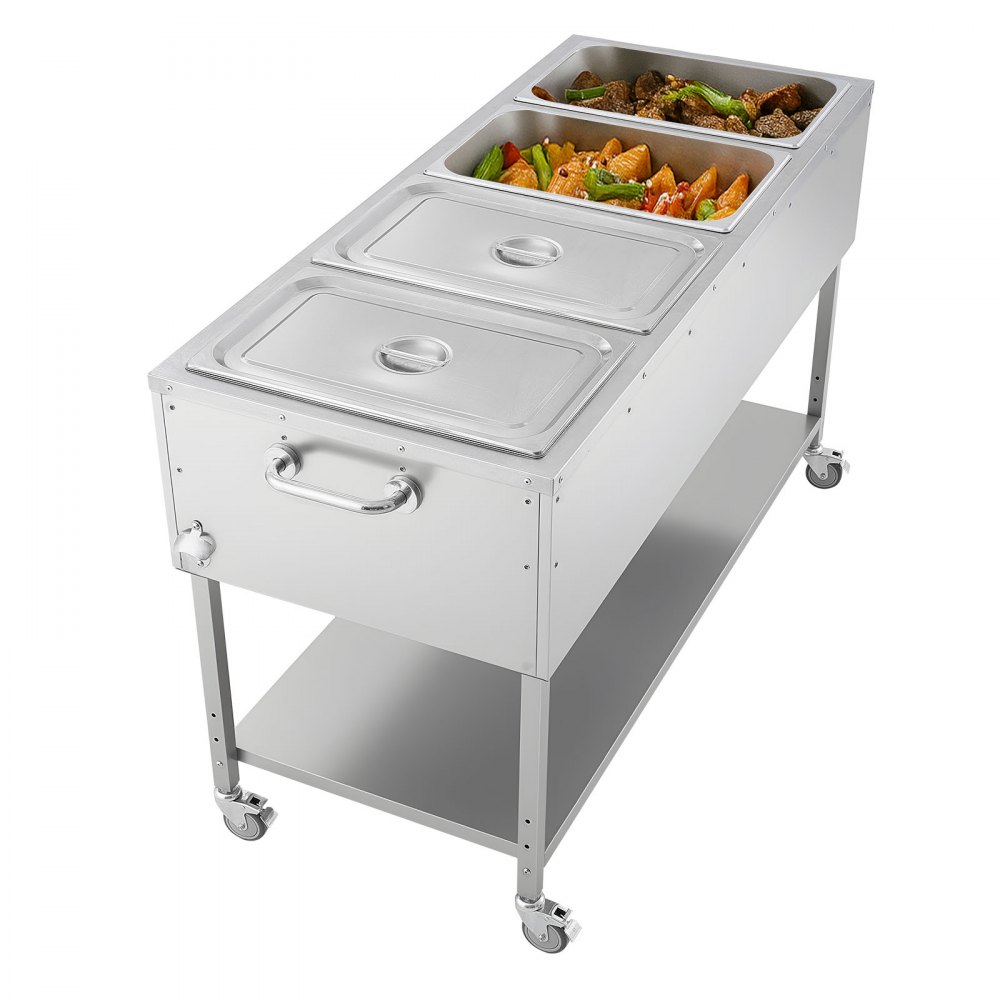 VEVOR 4-Pan Commercial Propane Steam Table, LP Gas Outdoor Soup Warmer with Drain Valve and 3" Wheels, Stainless Steel Propane Food Warmer with Independent Temp Control, for Restaurant Outdoor Camping