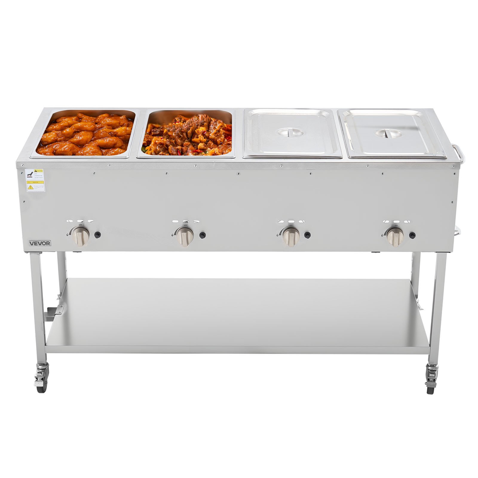 VEVOR 4-Pan Commercial Propane Steam Table, LP Gas Outdoor Soup Warmer with Drain Valve and 3" Wheels, Stainless Steel Propane Food Warmer with Independent Temp Control, for Restaurant Outdoor Camping