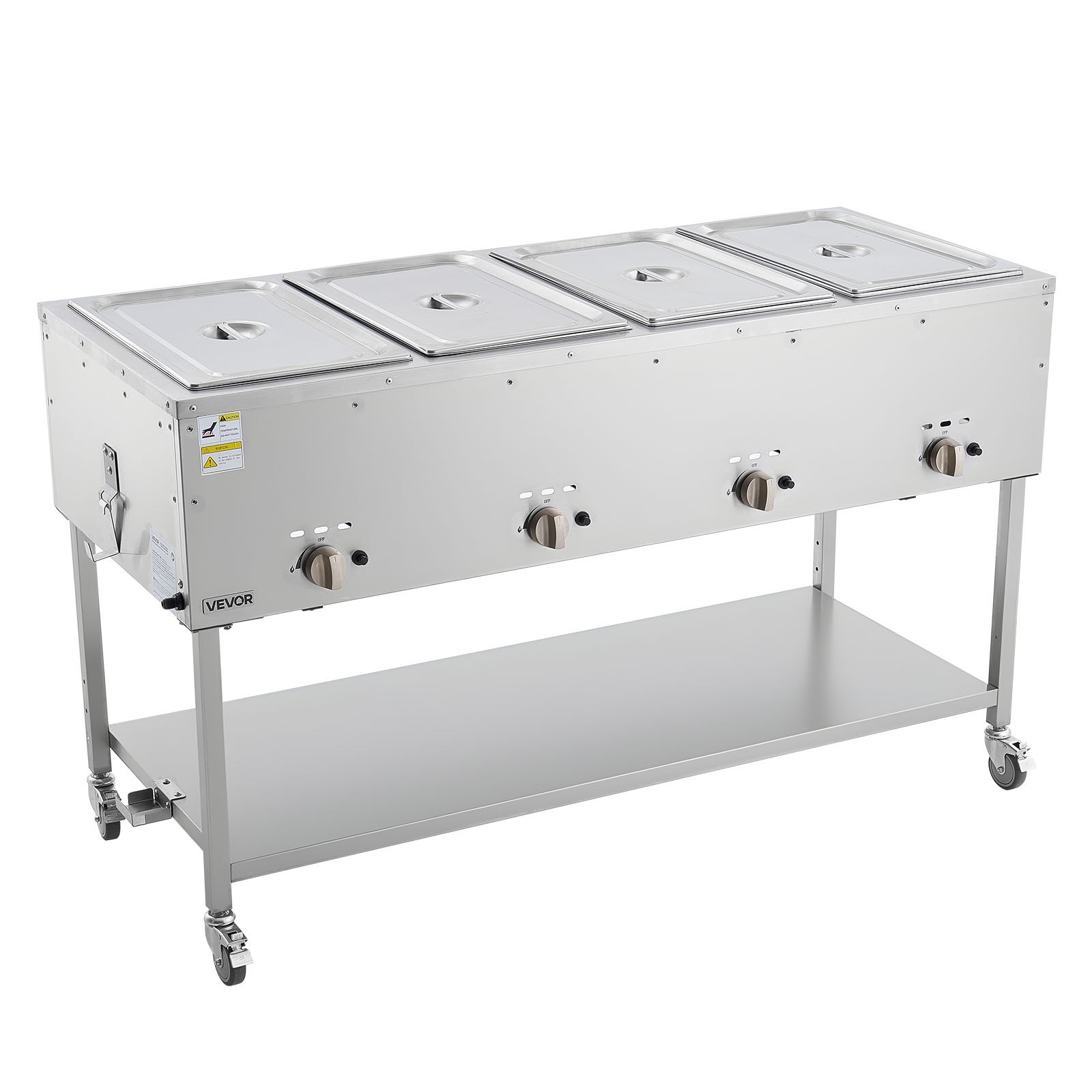 VEVOR 4-Pan Commercial Propane Steam Table, LP Gas Outdoor Soup Warmer with Drain Valve and 3" Wheels, Stainless Steel Propane Food Warmer with Independent Temp Control, for Restaurant Outdoor Camping