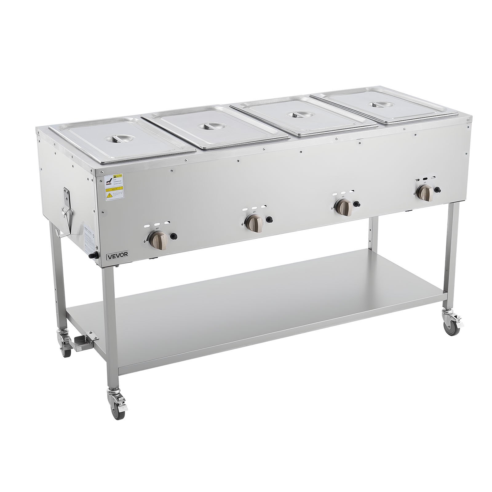 VEVOR 4-Pan Commercial Propane Steam Table, LP Gas Outdoor Soup Warmer with Drain Valve and 3" Wheels, Stainless Steel Propane Food Warmer with Independent Temp Control, for Restaurant Outdoor Camping