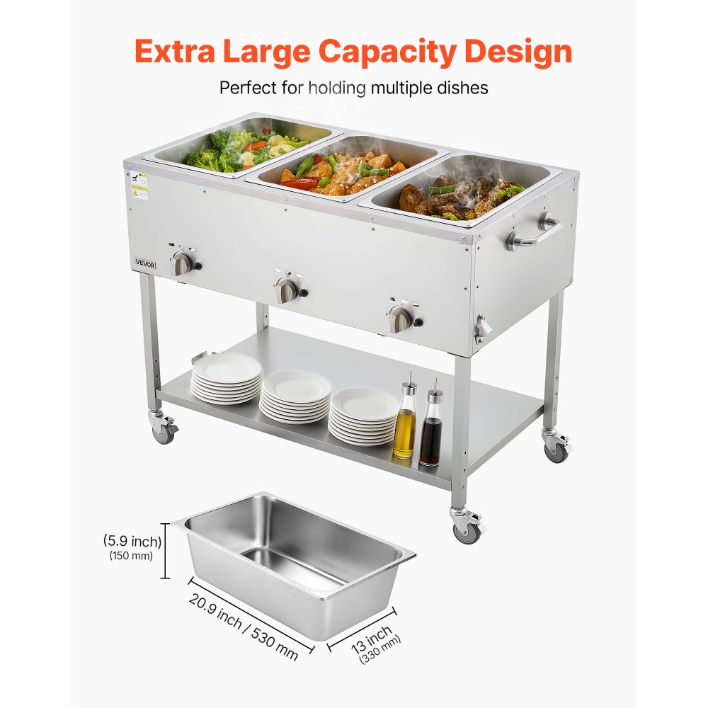 VEVOR 3-Pan Commercial Propane Steam Table, LP Gas Outdoor Soup Warmer with Drain Valve and 3" Wheels, Stainless Steel Propane Food Warmer with Independent Temp Control, for Restaurant Outdoor Camping