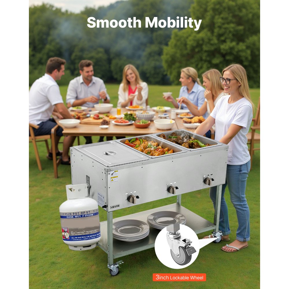 VEVOR 3-Pan Commercial Propane Steam Table, LP Gas Outdoor Soup Warmer with Drain Valve and 3" Wheels, Stainless Steel Propane Food Warmer with Independent Temp Control, for Restaurant Outdoor Camping