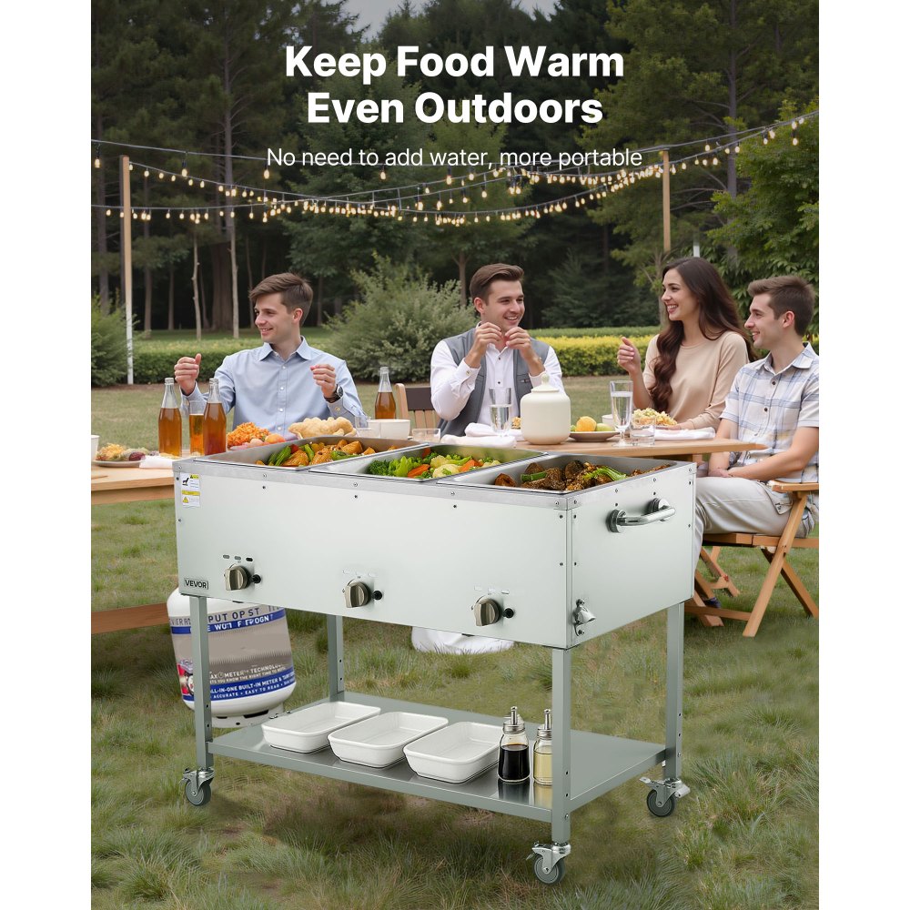 VEVOR 3-Pan Commercial Propane Steam Table, LP Gas Outdoor Soup Warmer with Drain Valve and 3" Wheels, Stainless Steel Propane Food Warmer with Independent Temp Control, for Restaurant Outdoor Camping