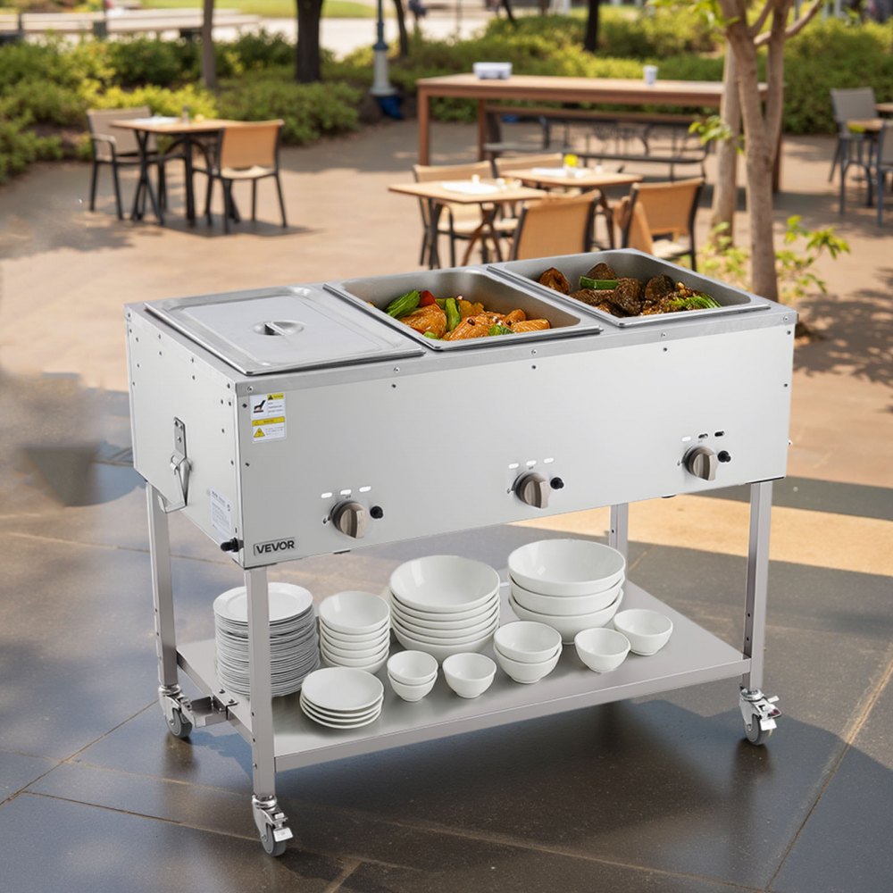 VEVOR 3-Pan Commercial Propane Steam Table, LP Gas Outdoor Soup Warmer with Drain Valve and 3" Wheels, Stainless Steel Propane Food Warmer with Independent Temp Control, for Restaurant Outdoor Camping