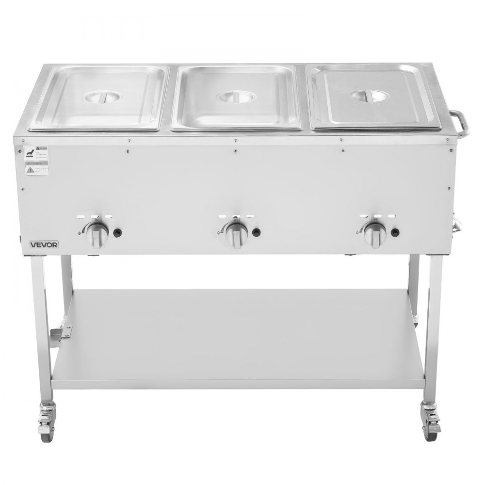 VEVOR 3-Pan Commercial Propane Steam Table, LP Gas Outdoor Soup Warmer with Drain Valve and 3" Wheels, Stainless Steel Propane Food Warmer with Independent Temp Control, for Restaurant Outdoor Camping