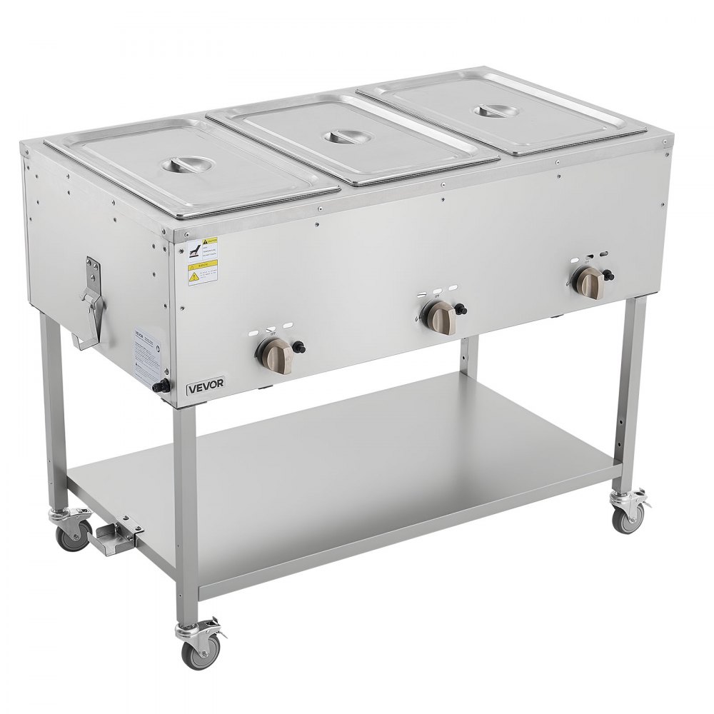 VEVOR 3-Pan Commercial Propane Steam Table, LP Gas Outdoor Soup Warmer with Drain Valve and 3" Wheels, Stainless Steel Propane Food Warmer with Independent Temp Control, for Restaurant Outdoor Camping