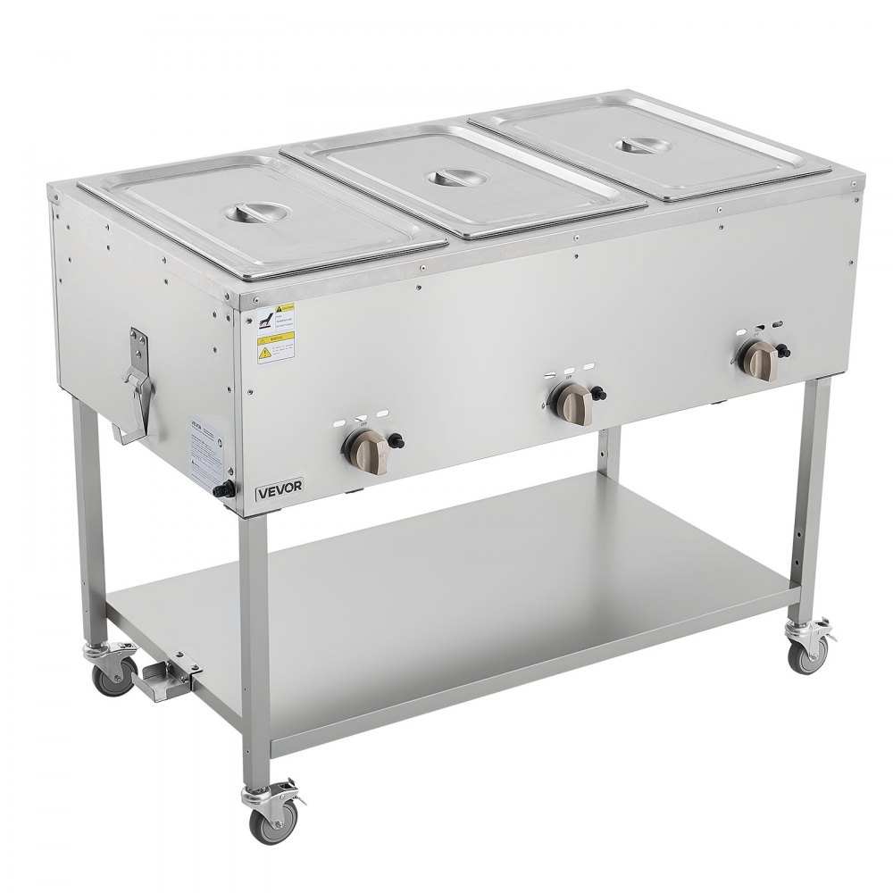 VEVOR 3-Pan Commercial Propane Steam Table, LP Gas Outdoor Soup Warmer with Drain Valve and 3" Wheels, Stainless Steel Propane Food Warmer with Independent Temp Control, for Restaurant Outdoor Camping