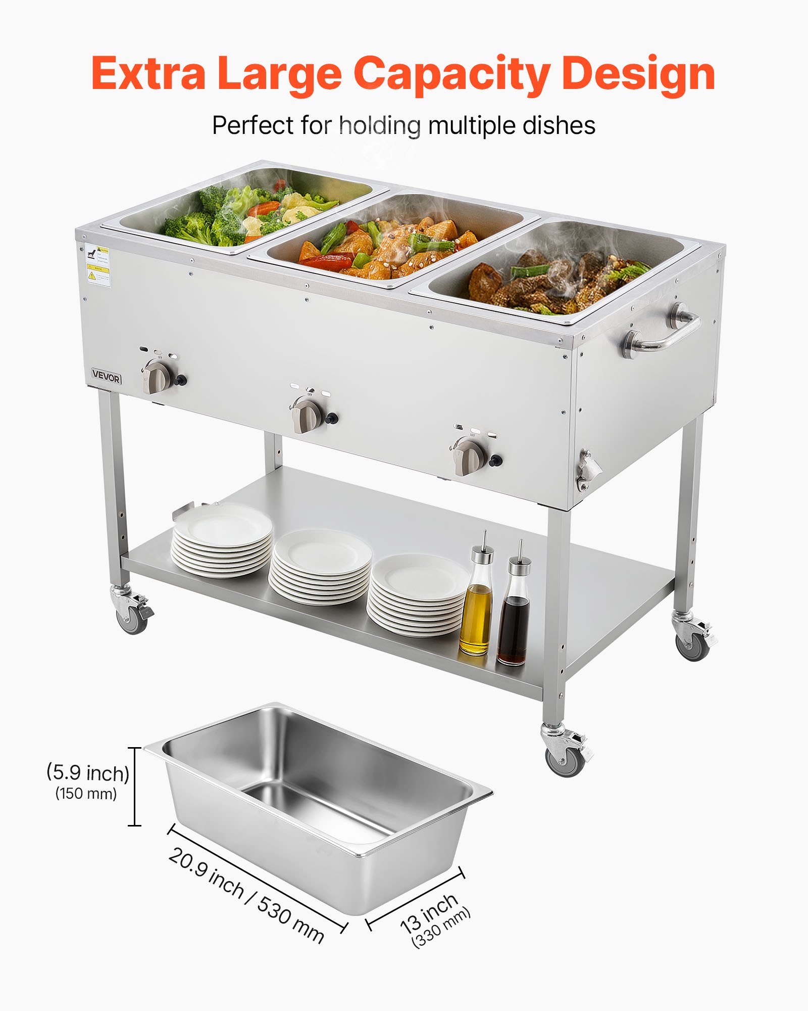 VEVOR 3-Pan Commercial Propane Steam Table, LP Gas Outdoor Soup Warmer with Drain Valve and 3" Wheels, Stainless Steel Propane Food Warmer with Independent Temp Control, for Restaurant Outdoor Camping
